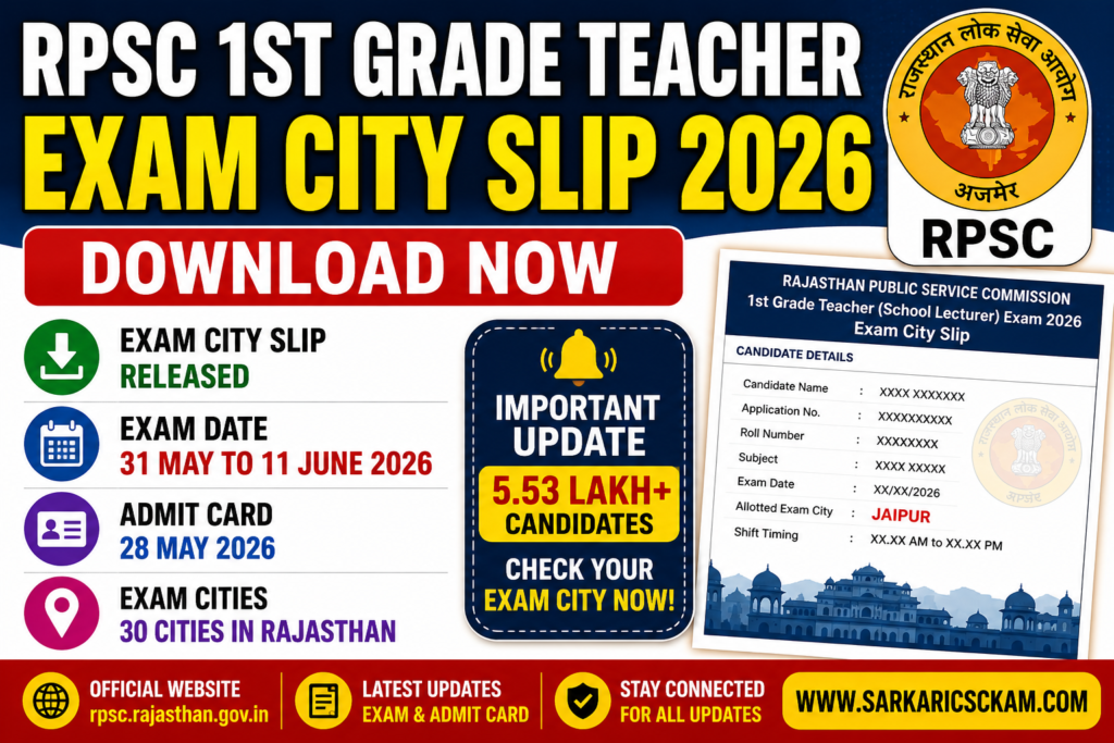 RPSC 1st grade teacher exam slip 2026